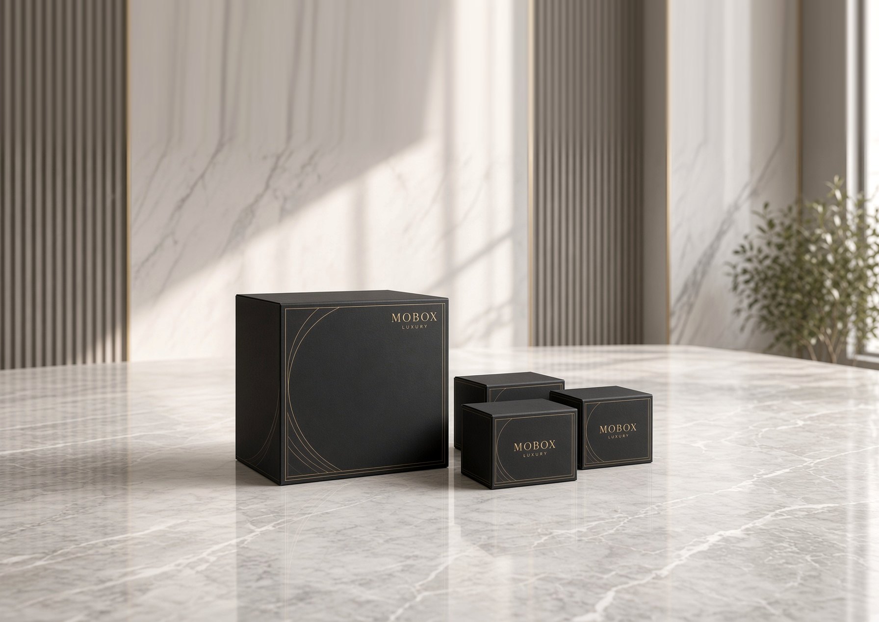 MOBOX packaging: black boxes with fine gold lines and the MOBOX wordmark, on a marble table